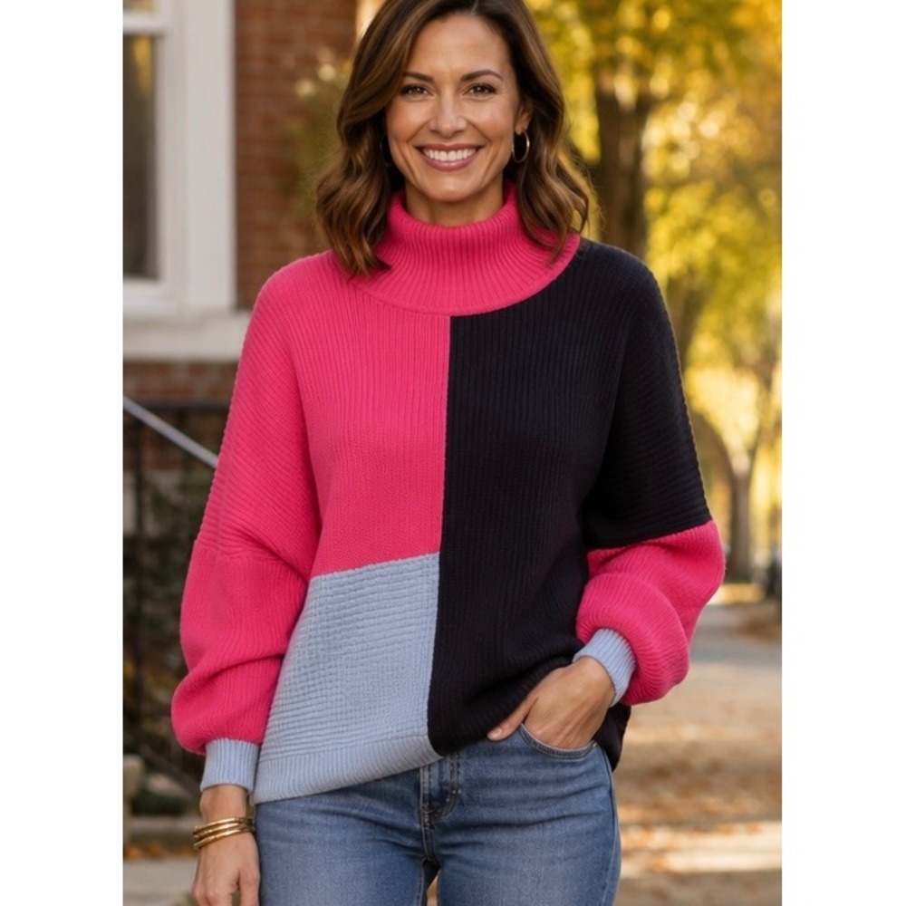 Zephir Sweater Pink Blue Large Colorblock Knit Mock Neck 90s Style Mod Retro